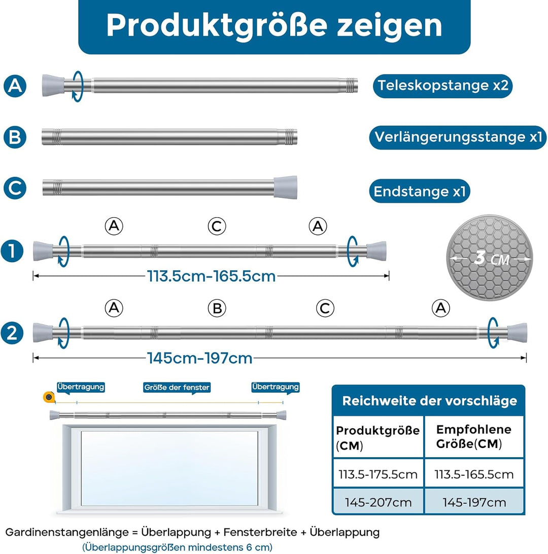 AIZESI Gardinenstange ohne Bohren Duschvorhangstange Teleskopstange ohne Bohren 110-185cm, Ø22mm Sil