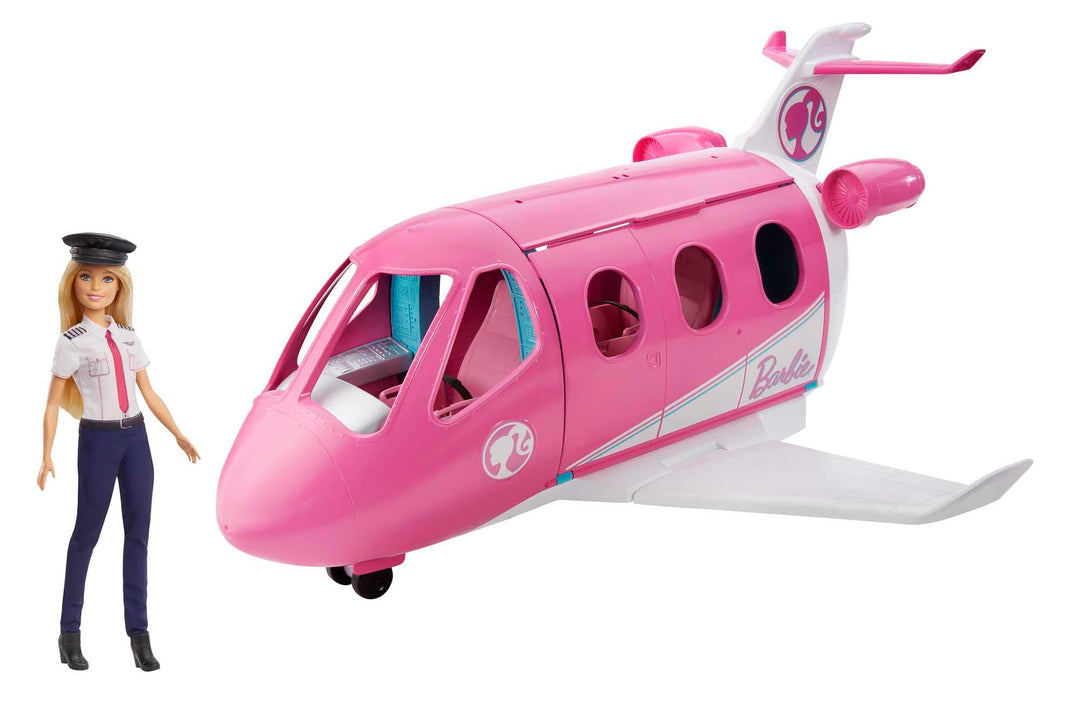 Barbie Flugzeug mit Pilotin Barbie Puppe, mit beweglichen Räder und 15x Barbie Zubehör inkl. Haustie