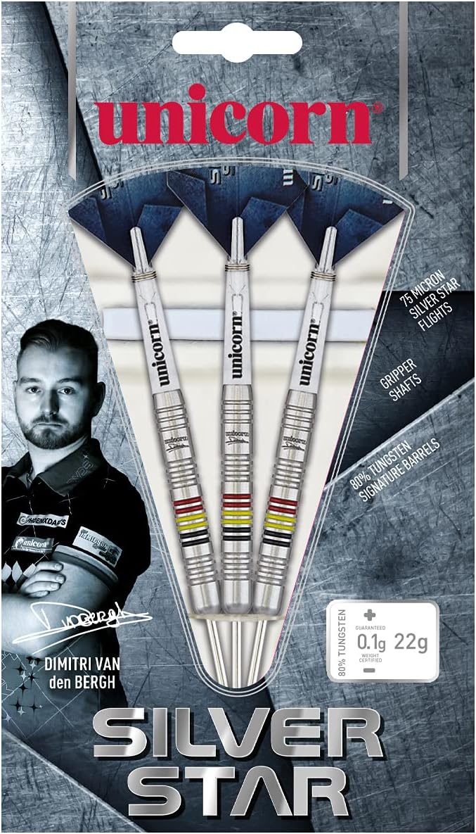 Unicorn, Dimitri Van den Bergh, Silver Star, Player Endorsed Dart Set, 80% Tungsten, 18g to 26g Weic