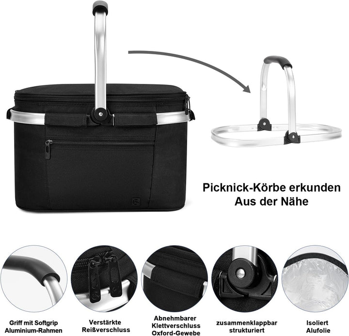 ALLCAMP 22L Einkaufskörbe Gross Isolierkorb Kühlkorb Kühltasche Picknickkorb Thermotasche Kühltasche