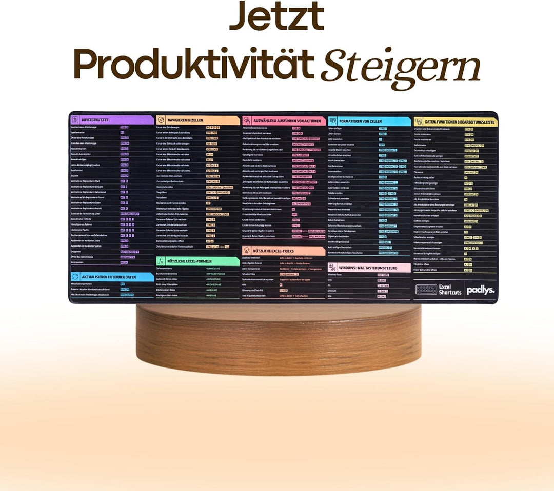 Excel Schreibtischunterlage Deutsch, Mauspad mit Tastenkombinationen und Formeln für Excel - werde m