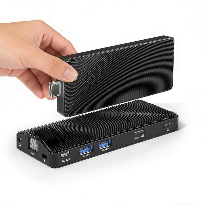 Fanless Mini PC Stick, Intel Celeron J3455 Quad-Core 1.5-2.3GHz, 4GB RAM 64GB eMMC, Dual Gigabit Eth
