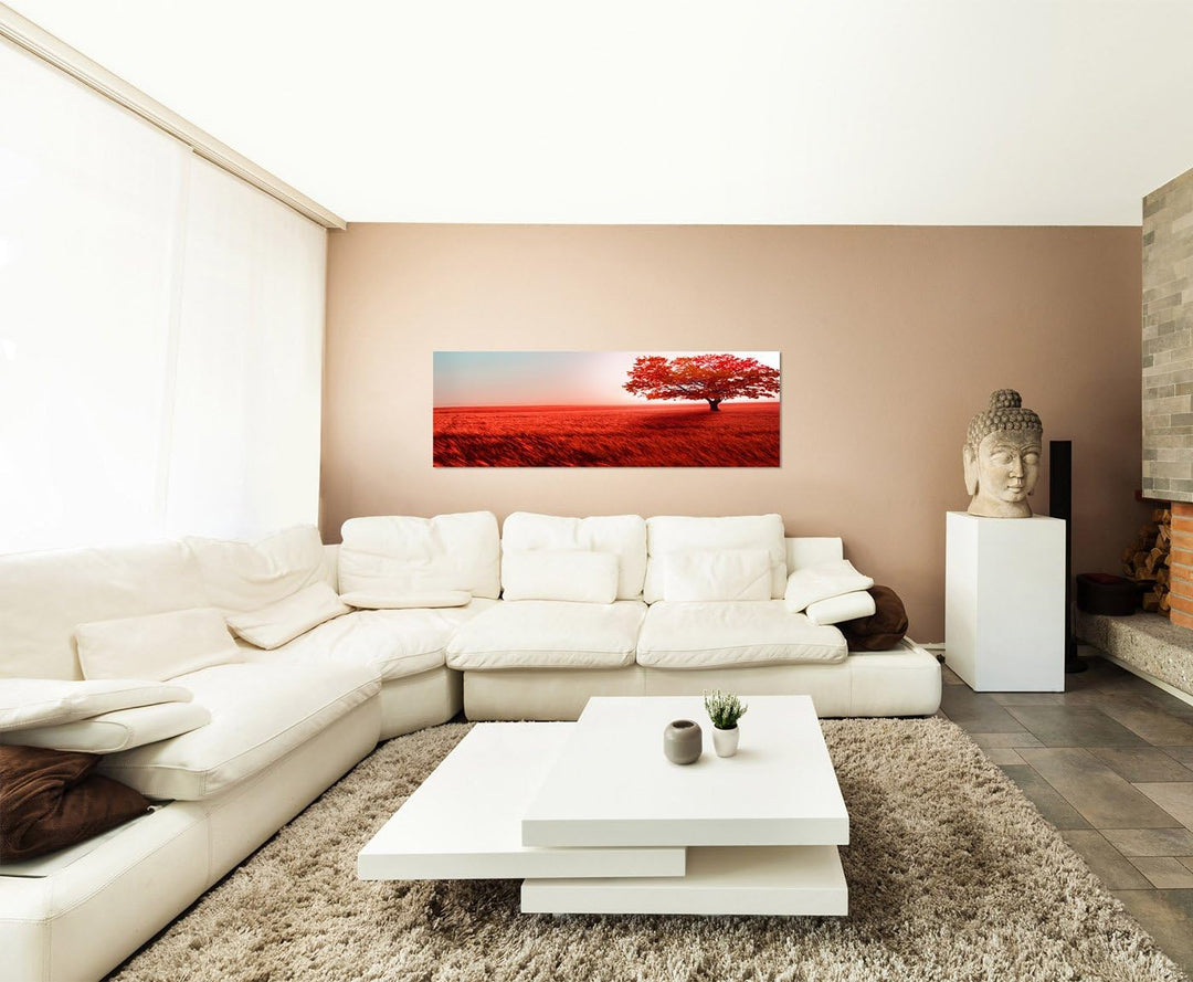 Paul Sinus Art Panoramabild auf Leinwand und Keilrahmen 150x50cm Landschaft Wiese Baum rot Licht