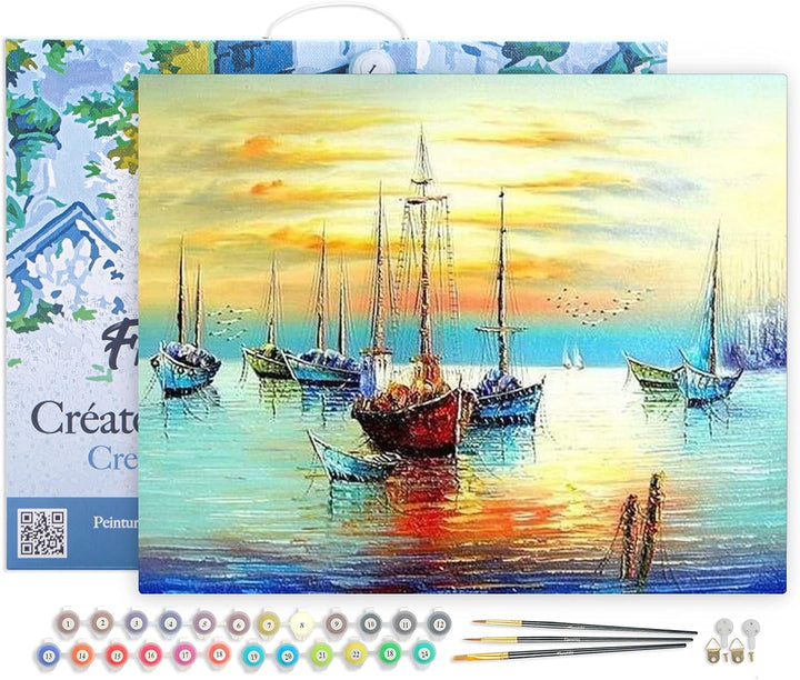 Figured'Art Malen Nach Zahlen Erwachsene Mit Rahmen Segelboote an der Küste - Paint by Numbers Baste