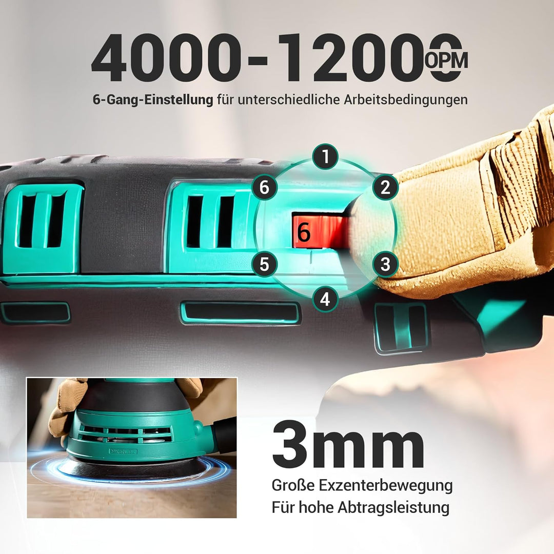 DCA Exzenterschleifer 300W, 125MM Schleifmaschine mit 6 Geschwindigkeiten, Max.12000 U/min, 0.3L Sta