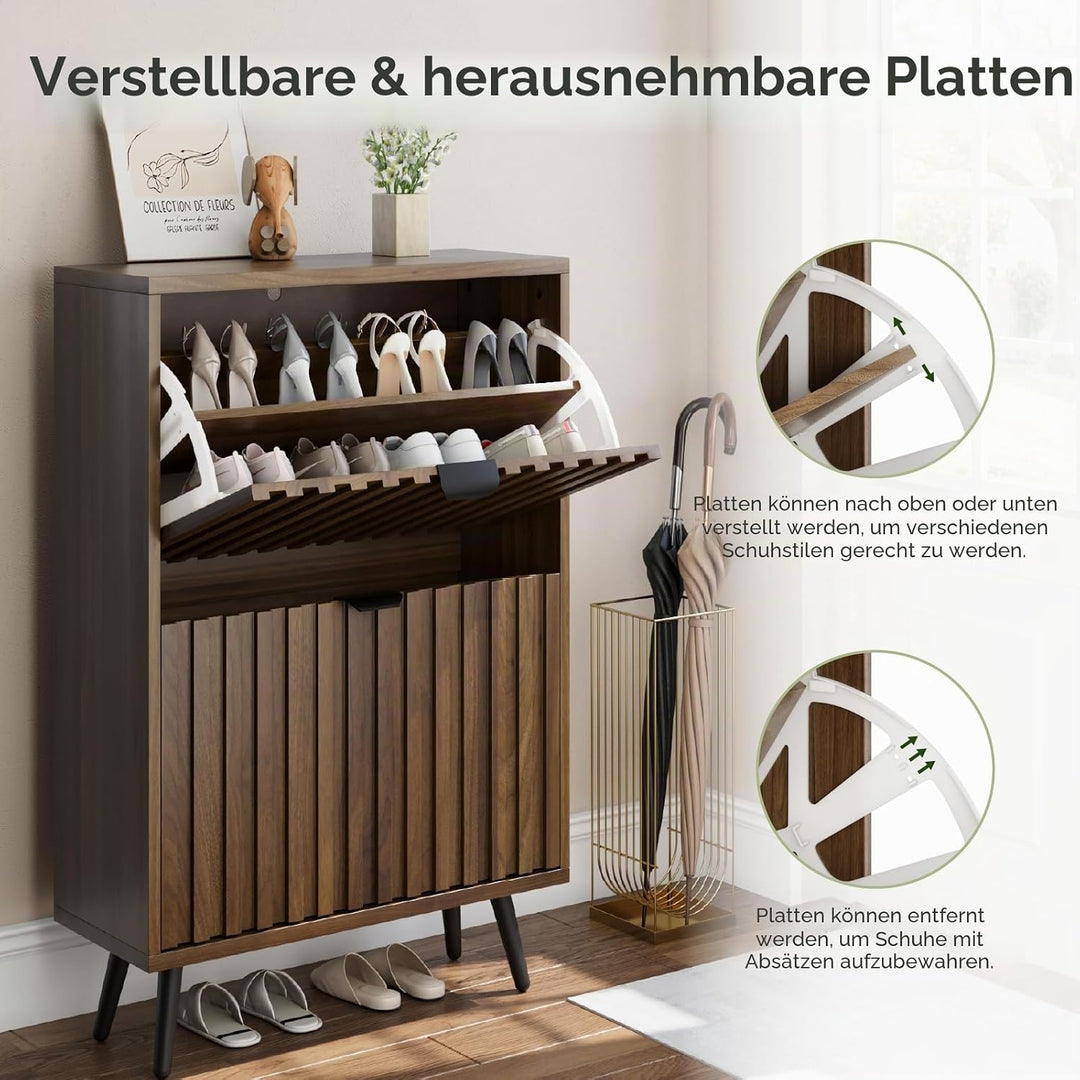Smuxee Schuhschrank mit 2 Klappschubladen, 23,6 Zoll (60 cm) Nussbaum Holz Schuhschrank mit geriffel