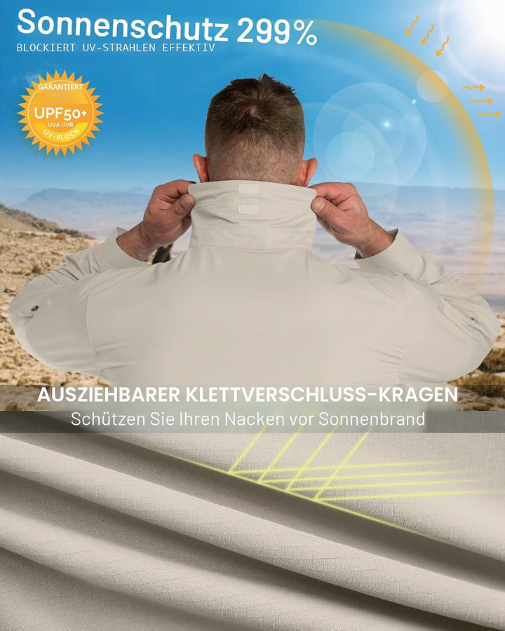 33,000ft Safari Hemd Herren Langarm Sportshemd UPF50+ UV Schutz Funktionshemd Atmungsaktiv Button-Do