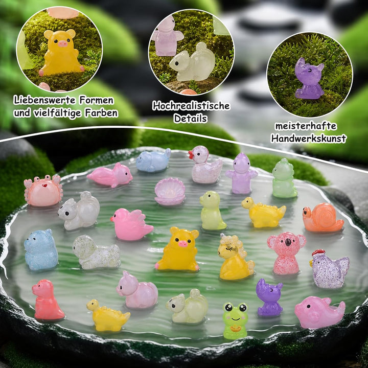 100 Stück Mini Harz Tiere, Miniatur Figuren Leuchtende Bunte Kleine Tierfiguren Kaninchen Enten Hai