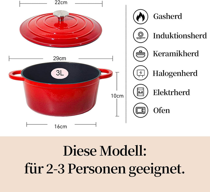 Nilpferd Gusseisen Topf Bratentopf Schmortopf Brotbacktopf mit Deckel und Griffen 22cm/3l Rund Rot E