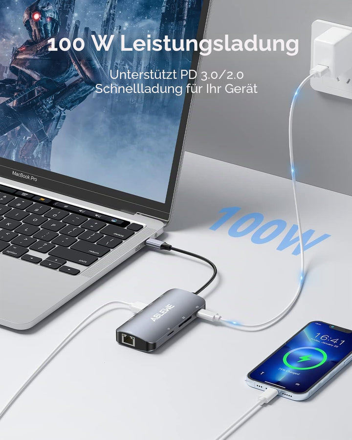 USB C Hub ABLEWE 8 in 1 USB C Adapter mit 1000M Ethernet RJ45 LAN, 4K HDMI, 87W PD, SD/TF Kartenlese