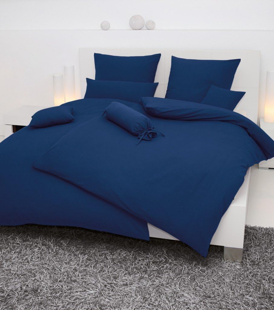 Janine Bettwäsche Seersucker Uni Piano 240x220 cm inklusive 2X Kissenbezüge 80x80 cm Marine 240x220