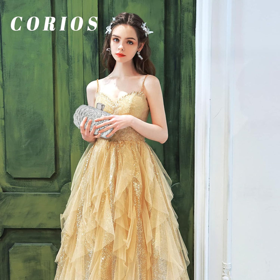 CORIOS Damen Clutch Strass Abendtasche Glitzer Diamant Handtasche Abnehmbarer Kette Tasche Elegante