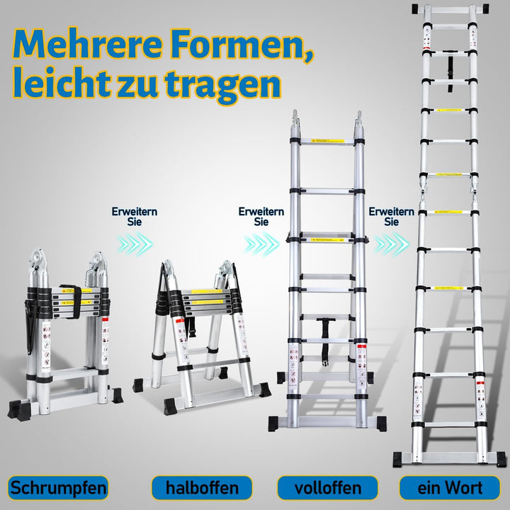 teleskopleiter klappleiter 2,5M+2,5M aluleiter 8+8 Stufen Stehleiter Klappleiter, 150 kg Belastbarke