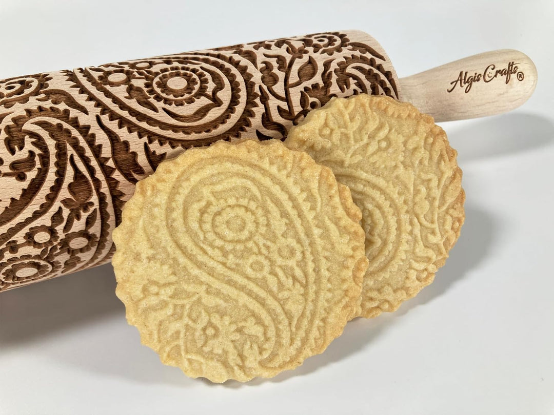 PAISLEY gravierte Nudelholz für hausgemachtes Gebäck. Teigroller mit Blumen. Gravierte Nudelholz mit