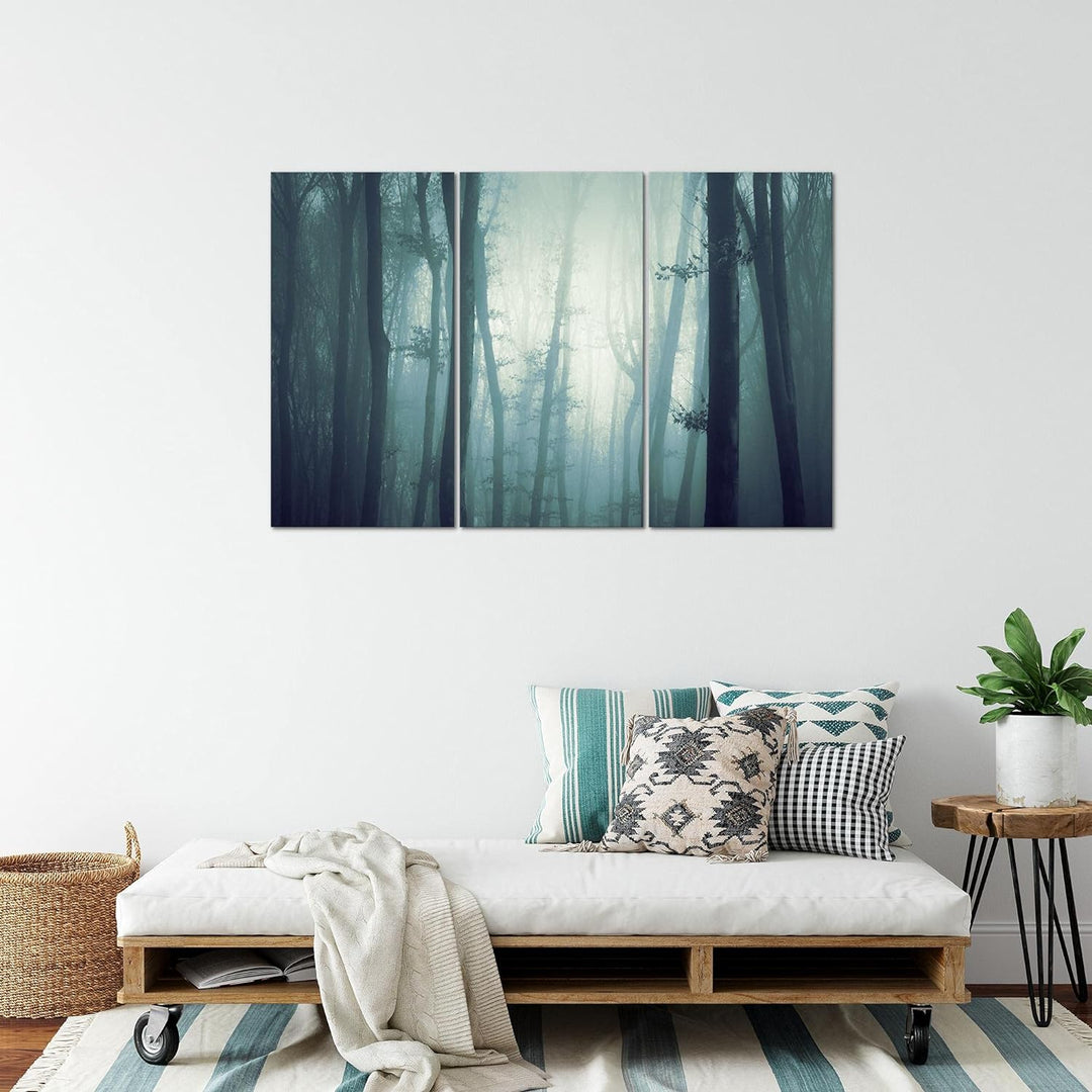 Runa Art Wandbilder Wald Nacht Bild XXL Schlafzimmer Wohnzimmer Türkis Nebel 120 x 80 cm 3 Teilig 01