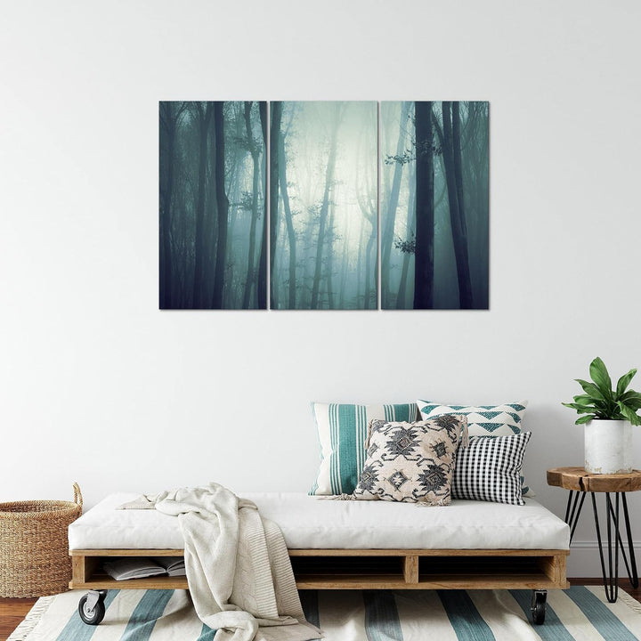 Runa Art Wandbilder Wald Nacht Bild XXL Schlafzimmer Wohnzimmer Türkis Nebel 120 x 80 cm 3 Teilig 01