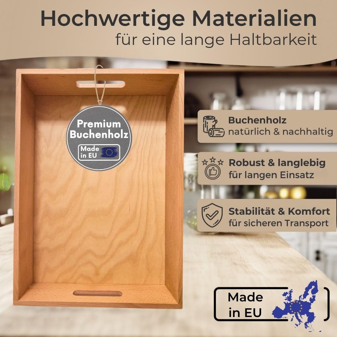 Massives Küchentablett Buche geölt Made in EU- gross 50x35,5 cm, Serviertablett mit Griffen extra ho