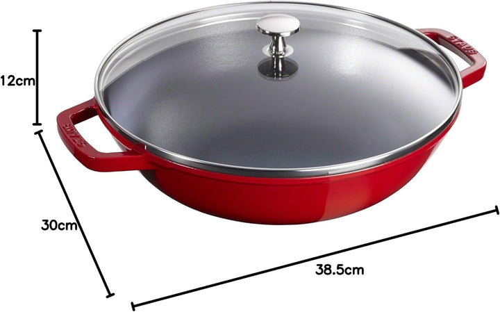 STAUB Wok aus Gusseisen, 30 cm, inkl. Glasdeckel, Induktionsgeeignet, Kirschrot, Kirschrot
