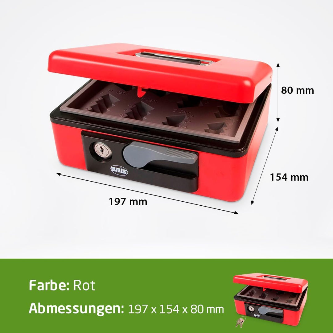 Amig - Sicherheits Geldkassette aus Stahl | Mit Münzschale und Schlüssel | Automatischer Griff | Kom