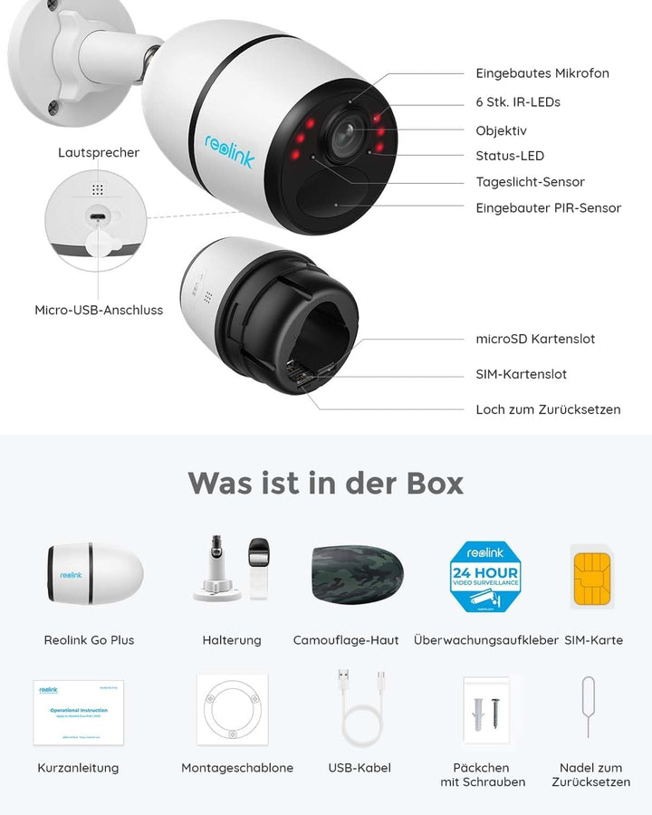 Reolink Go Plus 3G/4G LTE Überwachungskamera Aussen Akku, 2K 4MP HD mit SIM-Kartenslot, Personen-/Au