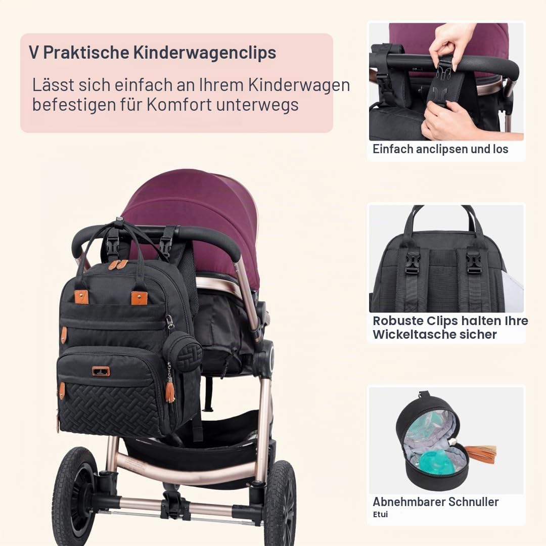 BabbleRoo Baby Wickeltasche/Rucksack, Wickelrucksack lässige Wickeltaschen Schwarz, Schwarz