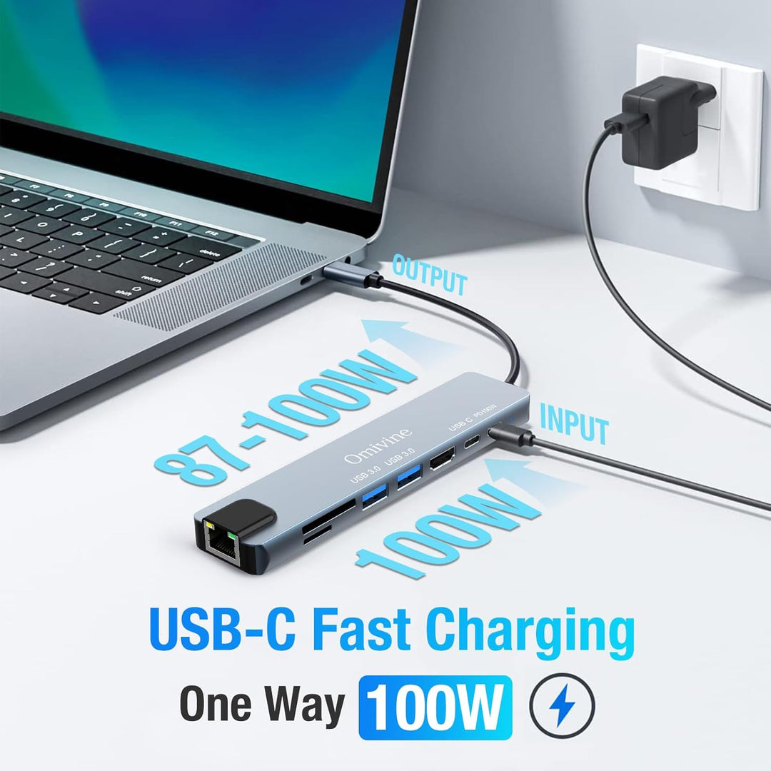 8-In-1 USB-C Hub mit 1G Ethernet, PD 100W, 4K HDMI, 2 X USB 3.0, 1 X C, SD/TF Kartenleser, Typ-C Spl