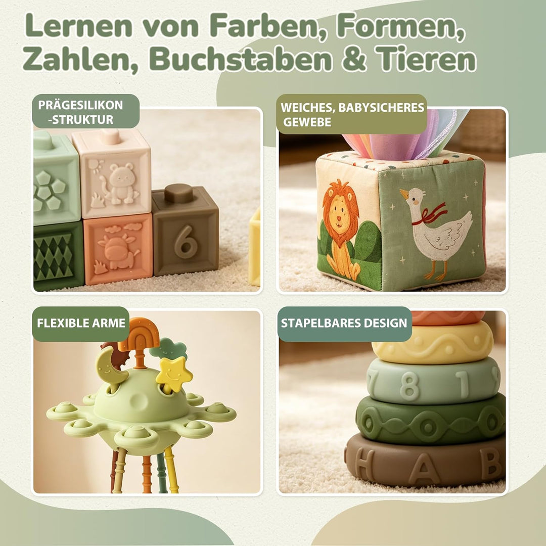 Montessori Spielzeug Baby ab 6 Monate, 5 in 1 Baby Spielzeug ab 7 8 9 Monate mit Bauklötze, Stapelri