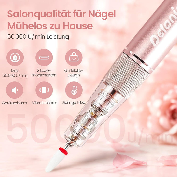 Delanie elektrischer Nagelfräser professionell 50000 U/Min mit Ladestaion, Maniküre Fräser für Nägel