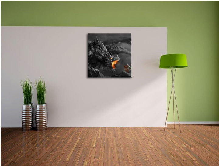 Pixxprint Kampf zwischen Mensch und Drache Schwarz/Weiss, Format: 70x70 auf Leinwand, 70x70