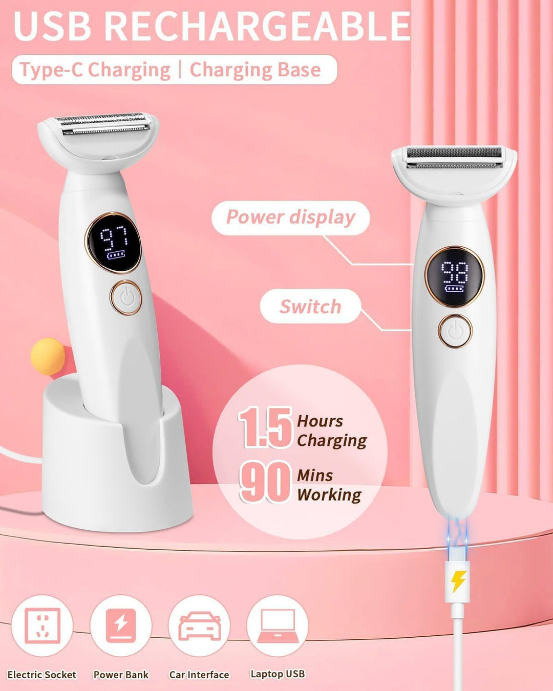 Rasierer Damen, 5-in-1 Intimrasierer für Frauen, Damenrasierer Elektrisch, mit USB-Ladestation, Rasi