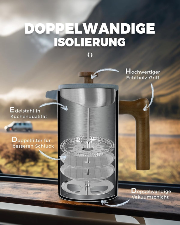 Poliviar French Press Kaffeebereiter 1 Liter/8 Tassen- Doppelwandige Isolierte Kaffeekanne und Teebe