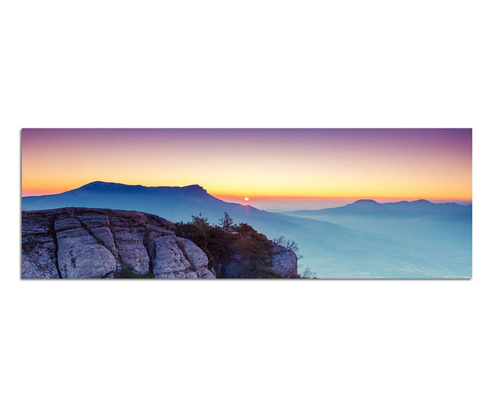 Paul Sinus Art Panoramabild auf Leinwand und Keilrahmen 150x50cm Krim Felsen Berge Sonnenaufgang Nat
