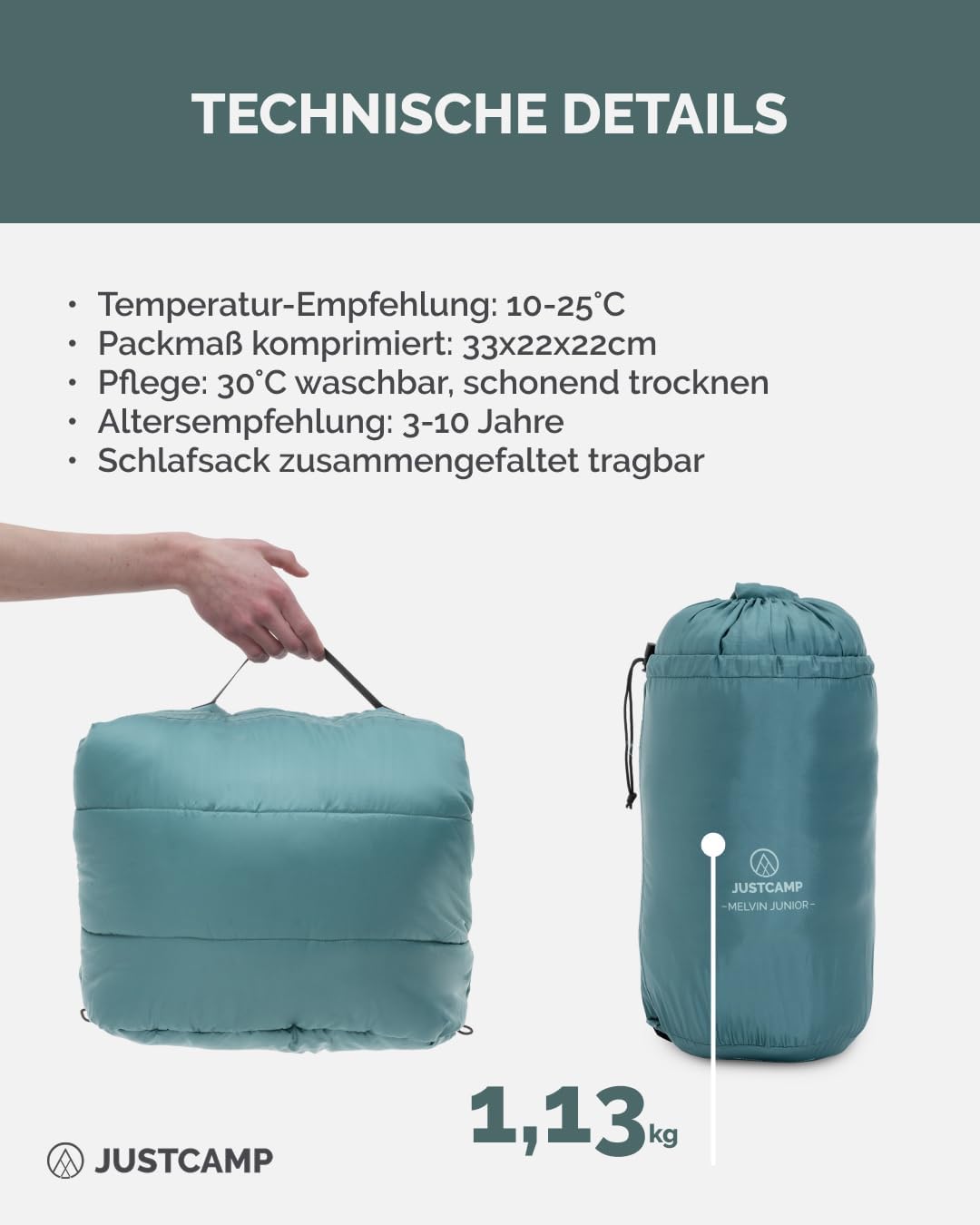 Justcamp Melvin Junior Kinderschlafsack Jungs &amp; Mädchen (100-150 cm Körpergrösse), Outdoor Schlafsac