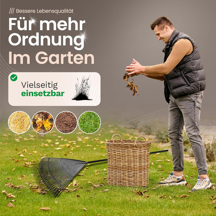 Novatool Laubbesen mit Teleskop-Stiel bis 152cm, Laubfeger mit 30 Kunststoff-Zinken, Rechen Arbeitsb