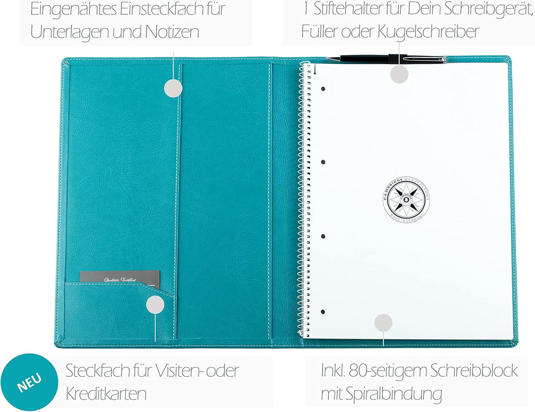 DELMON VARONE - Schreibmappe inkl. Notizblock DIN A4 (80 Blatt) aus veganem Eco Kunstleder Türkis -