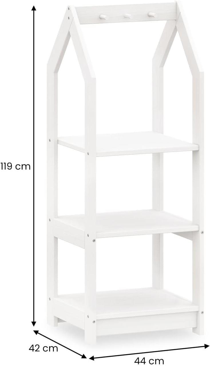 IDIMEX Kinder Regal Sally Hausform, weiss - Montessori Kinderregal mit 3 Ablageböden, praktische Hak