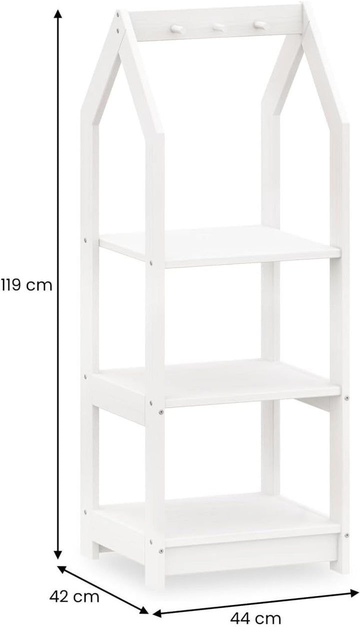 IDIMEX Kinder Regal Sally Hausform, weiss - Montessori Kinderregal mit 3 Ablageböden, praktische Hak
