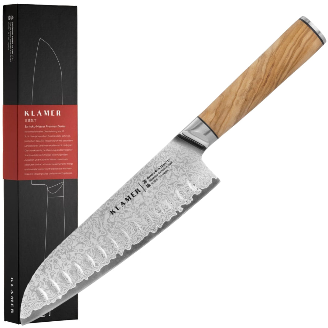 KLAMER Premium Santoku Damastmesser echter japanischer Stahl 18 cm Kochmesser Premium Damastmesser O