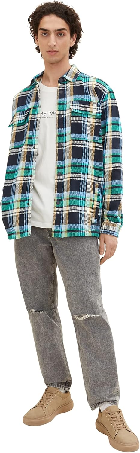 TOM TAILOR Denim Herren Overshirt aus Flanell mit Karo-Muster L 31568 - Navy Blue Green Big Check, L