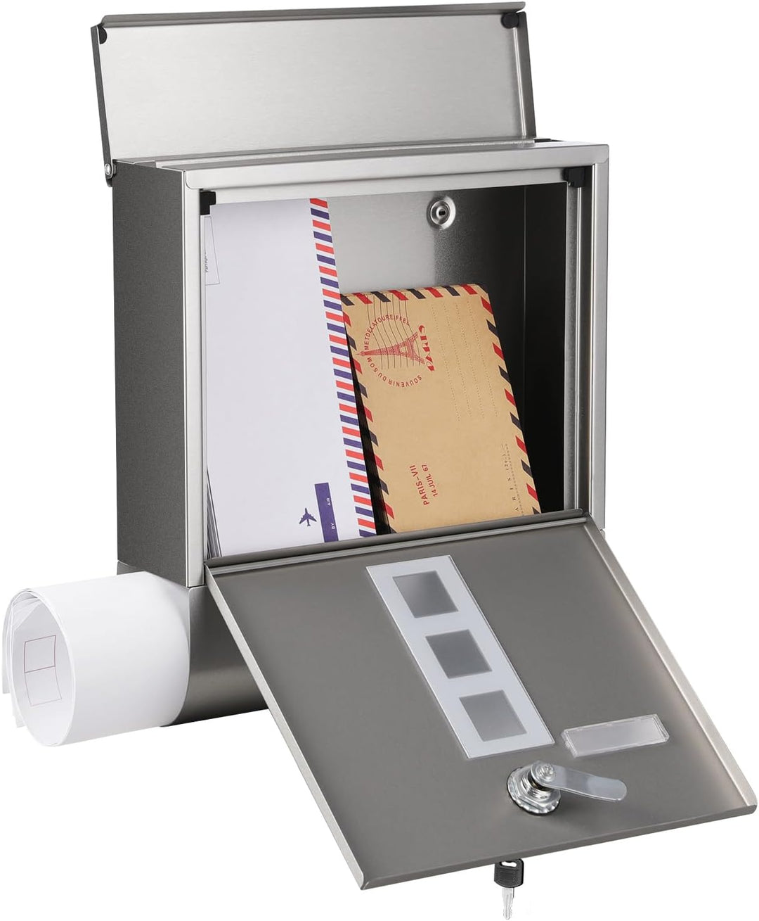 SONGMICS Briefkasten, Postkasten, Schloss mit Kupfer-Schliesszylinder und drehbarer Abdeckung, Sicht