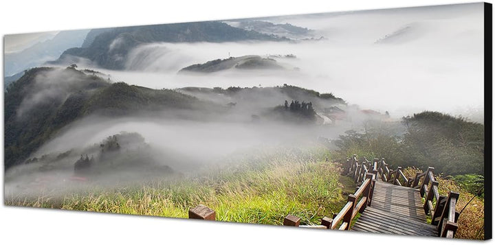 Paul Sinus Art Panoramabild auf Leinwand und Keilrahmen 150x50cm Berge Wiese Holztreppe Nebel Sonne