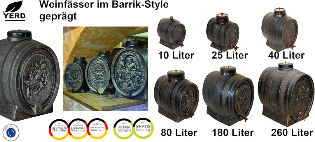 Yerd Barrik Deko Gärfass Mostfass Weinfass 10 Liter mit Prägung in Holzoptik Lebensmittelecht 1/2" A
