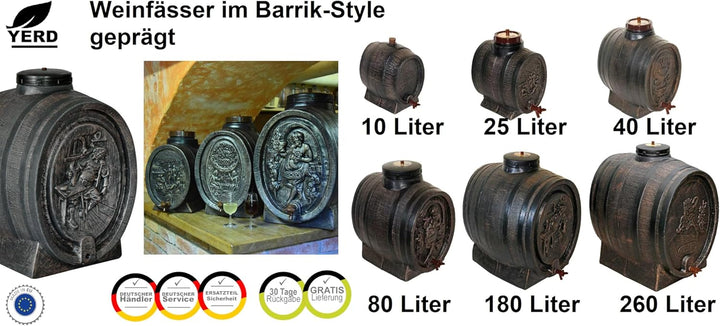 Yerd Barrik Deko Gärfass Mostfass Weinfass 10 Liter mit Prägung in Holzoptik Lebensmittelecht 1/2" A