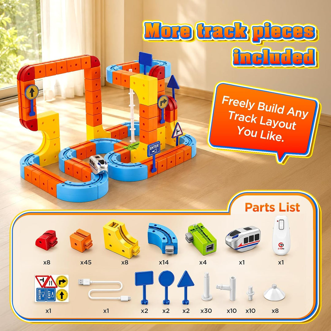 Cube Track Set 149pcs, Elektrisches Eisenbahnset mit Fernbedienung, 2 Züge (1x ferngesteuert), Flexi
