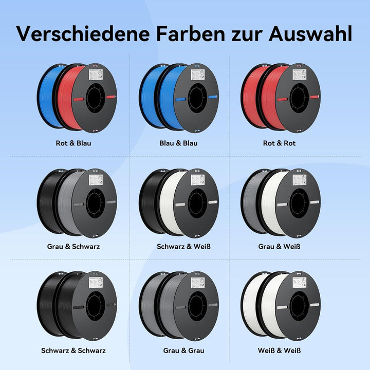 Creality Ender PLA Filament 12er-Pack 1,75mm – Je 2× Schwarz, Weiss, Grau, Blau, Rot, Gelb – Für 3D-