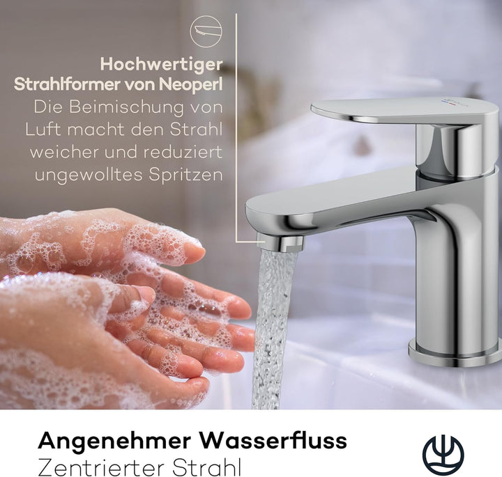 KLUDI-X1 Waschtischarmatur, Auslaufhöhe 75 mm, wassersparender Wasserhahn Bad Grösse S, Keramikkartu
