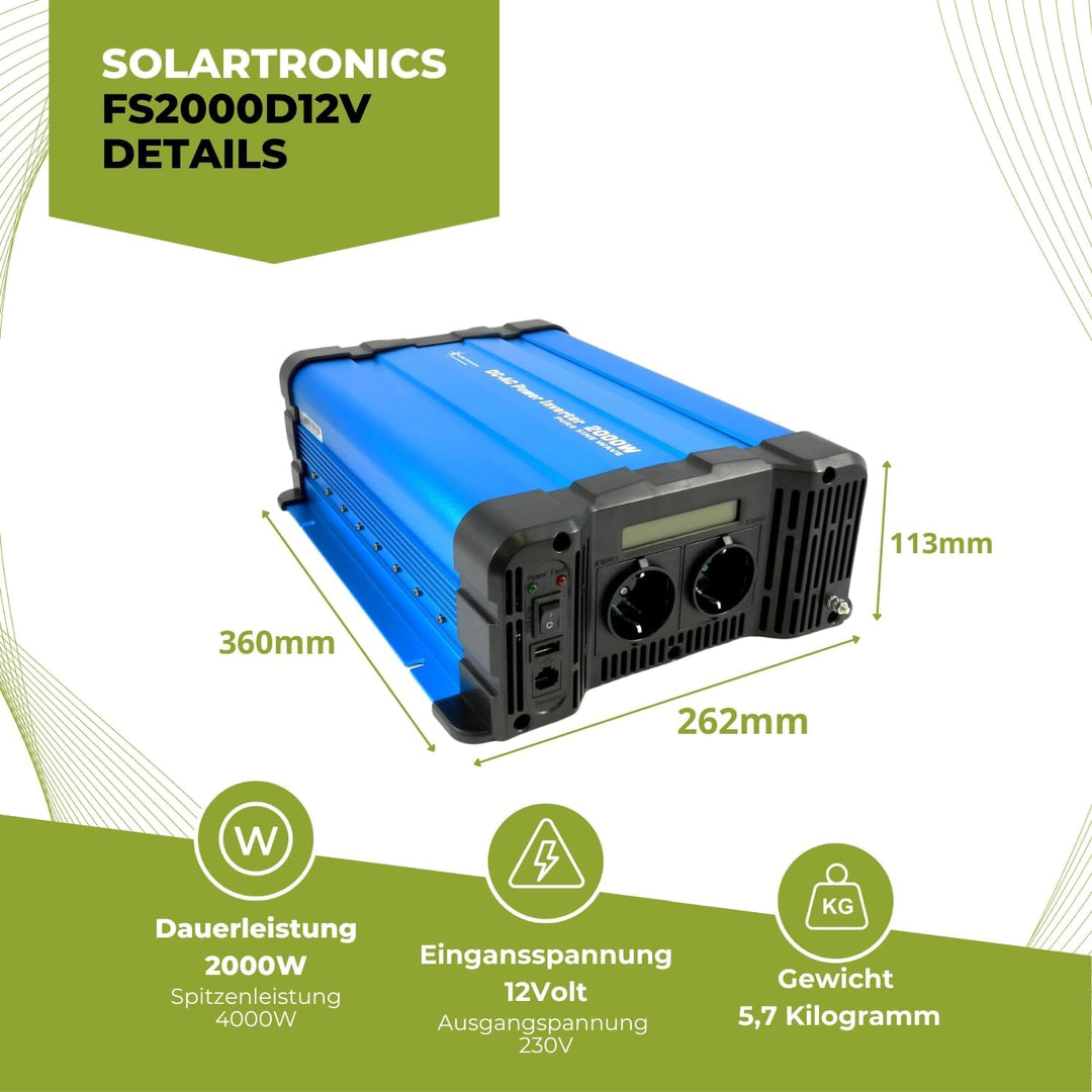 solartronics Spannungswandler FS2000D 12V 2000/4000 Watt Reiner Sinus BLAU m. Display FS Serie LiFeP