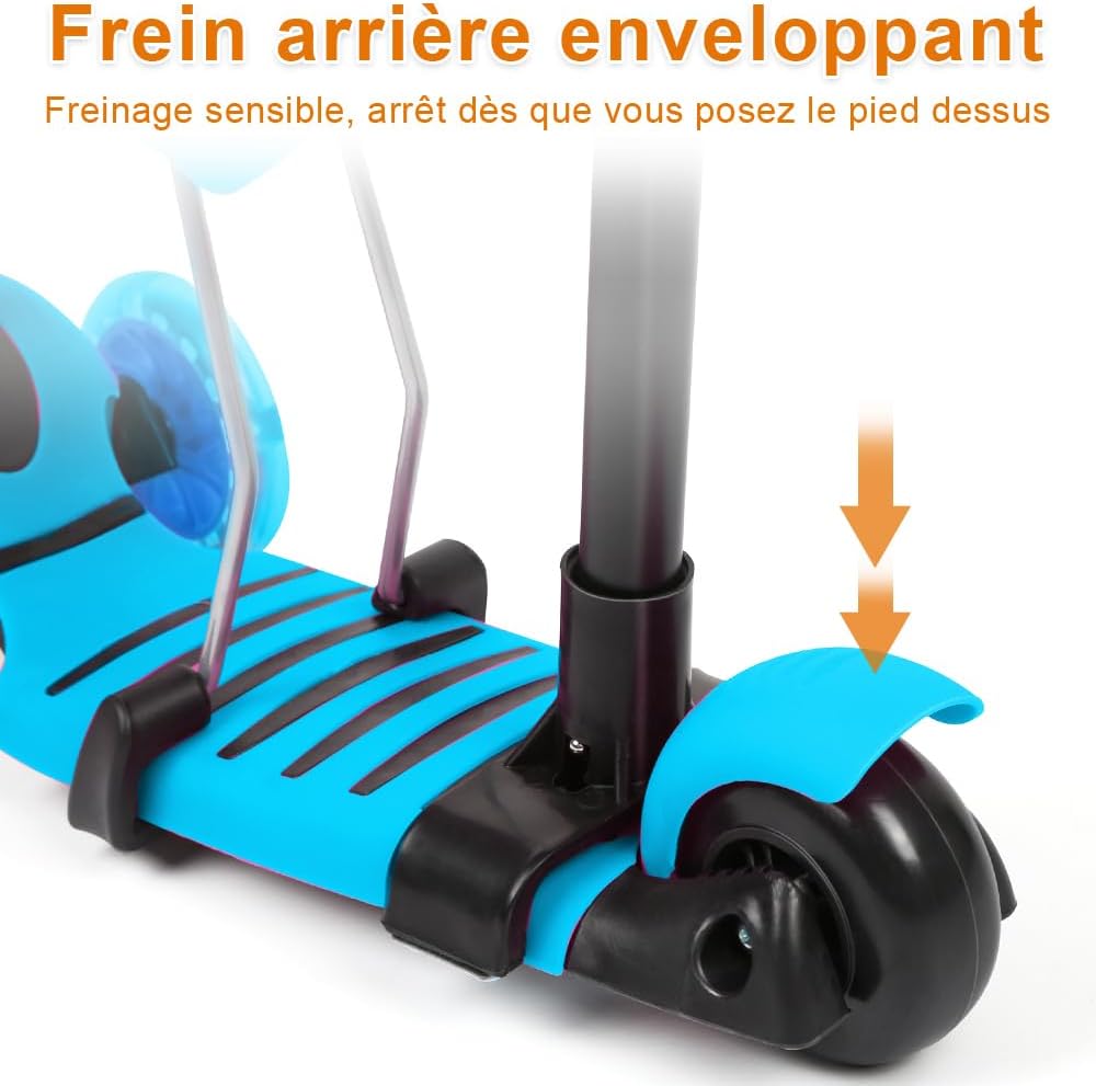 Tretroller mit 3 Rädern für Scooter, faltbar, bunt | rutschfeste Brücke höhenverstellbar mit LED-Lic