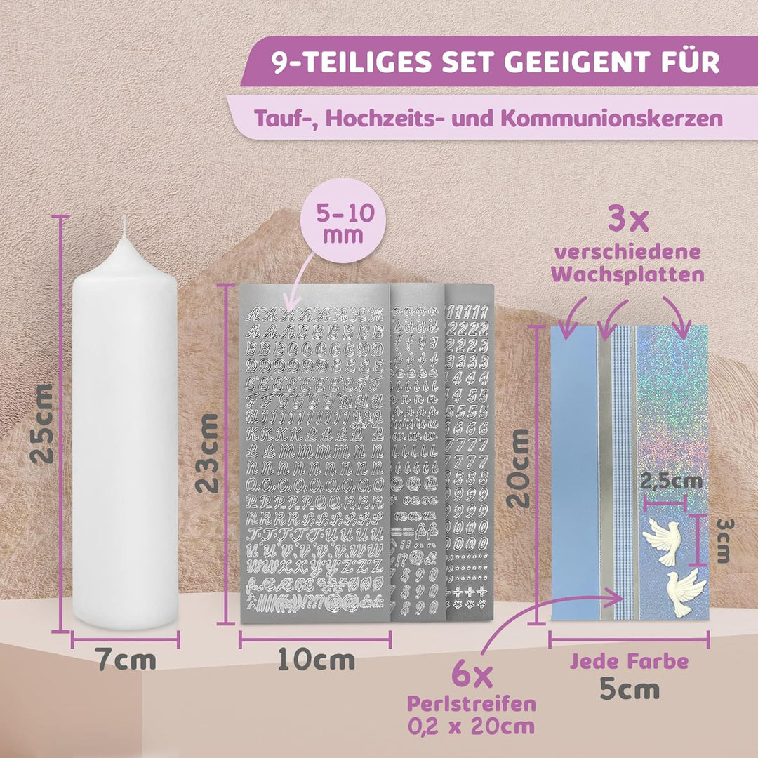 WIKAKERZEN Taufkerze selber Machen Set mit Kerzen-Rohling Buchstaben und Wachsplatten mit Wachsmotiv