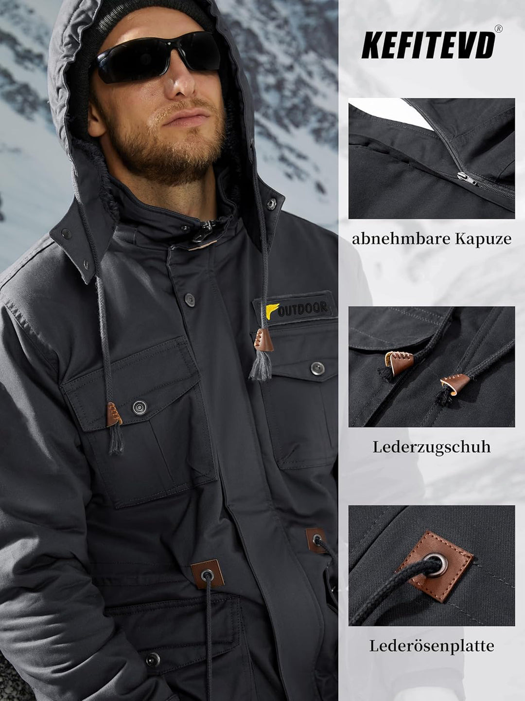 KEFITEVD Winterparka Herren Fleece Gefüttert Winterjacke mit Viele Taschen Kapuze Warm Winter Mantel